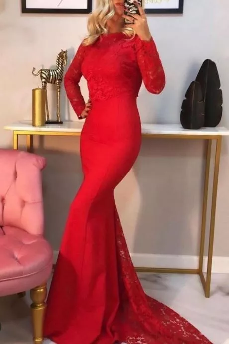 Red long prom dresses 2024 mermaid long sleeves